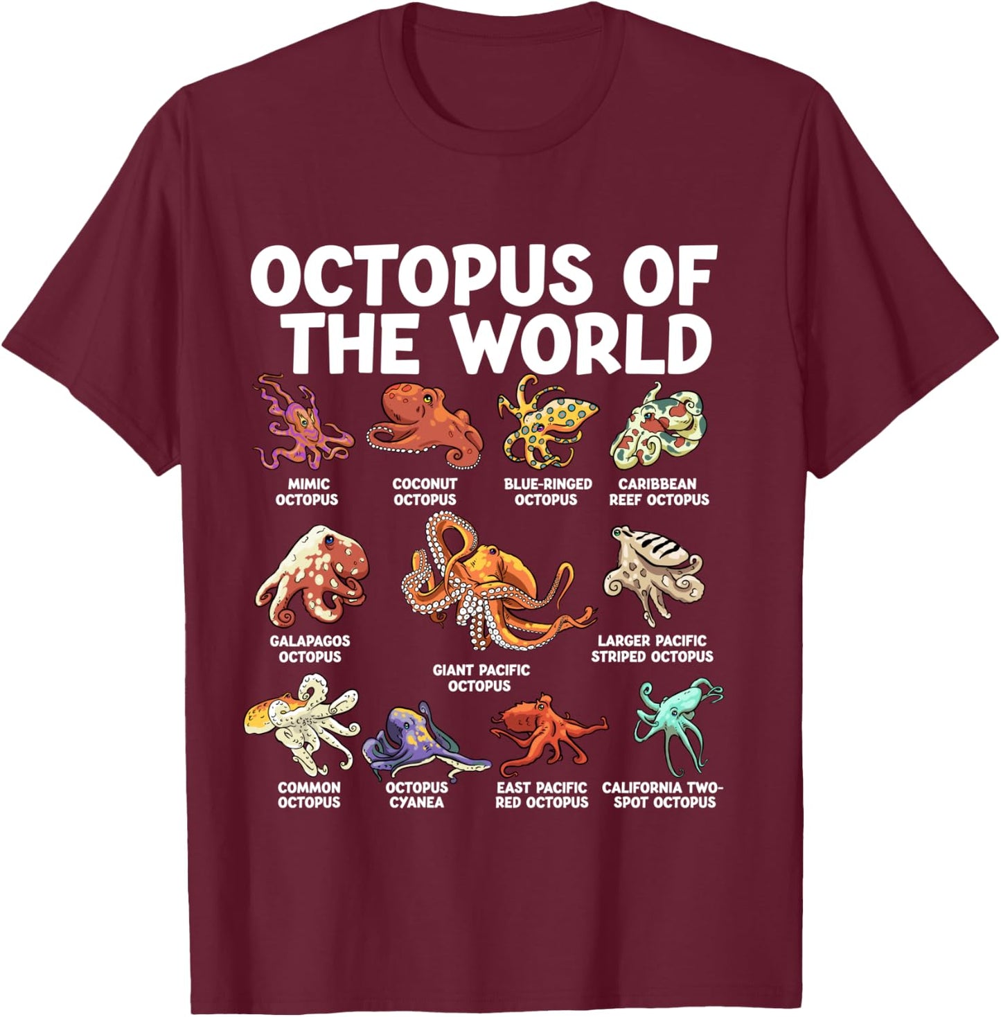 Octopus Of The World Kawaii Types Of Octopus Sea Animal T-Shirt - T-Shirt | Maroon