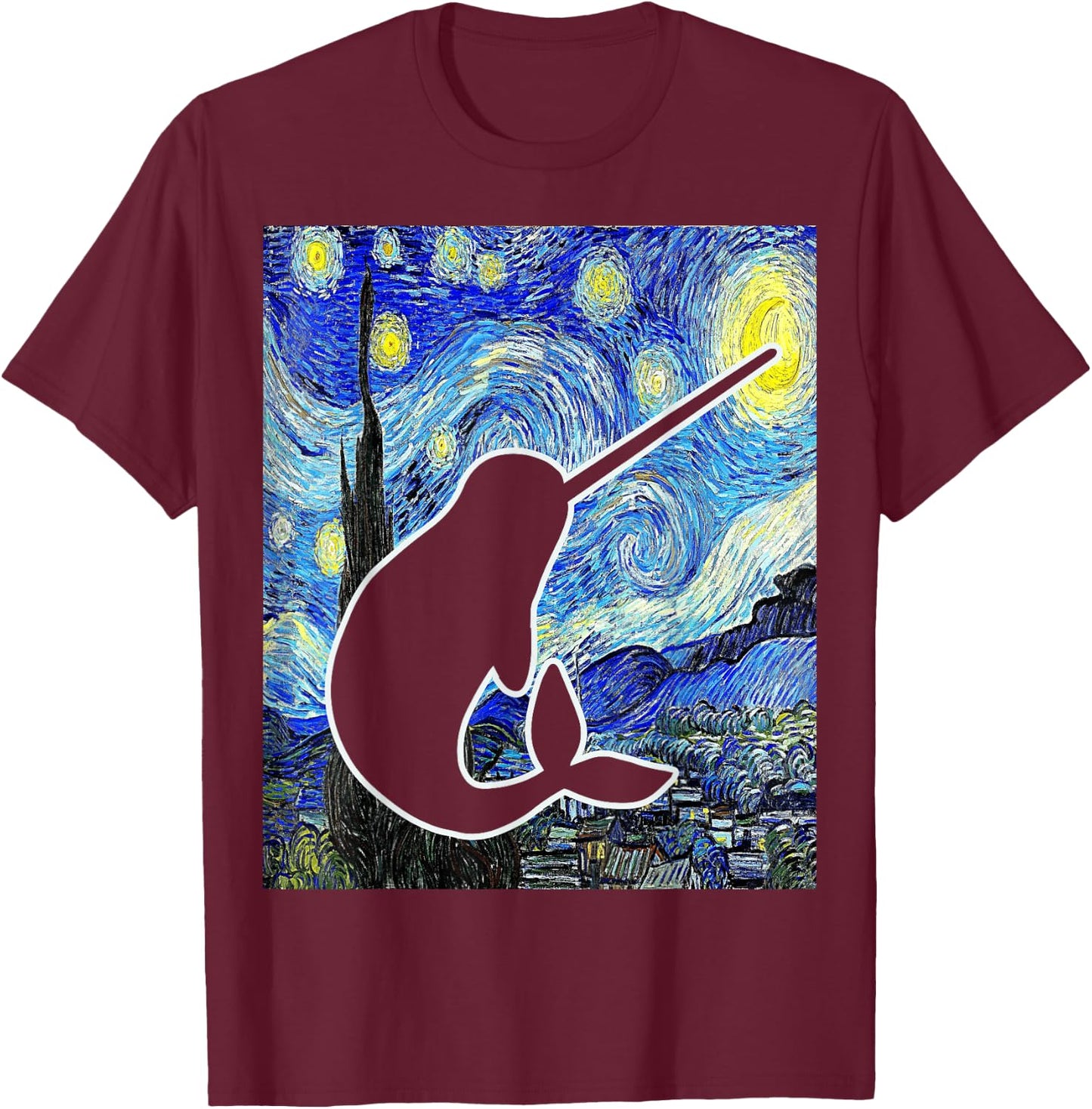 Narwhal Starry Night Narwhal Van Gogh Painting Cetology T-Shirt - T-Shirt | Maroon