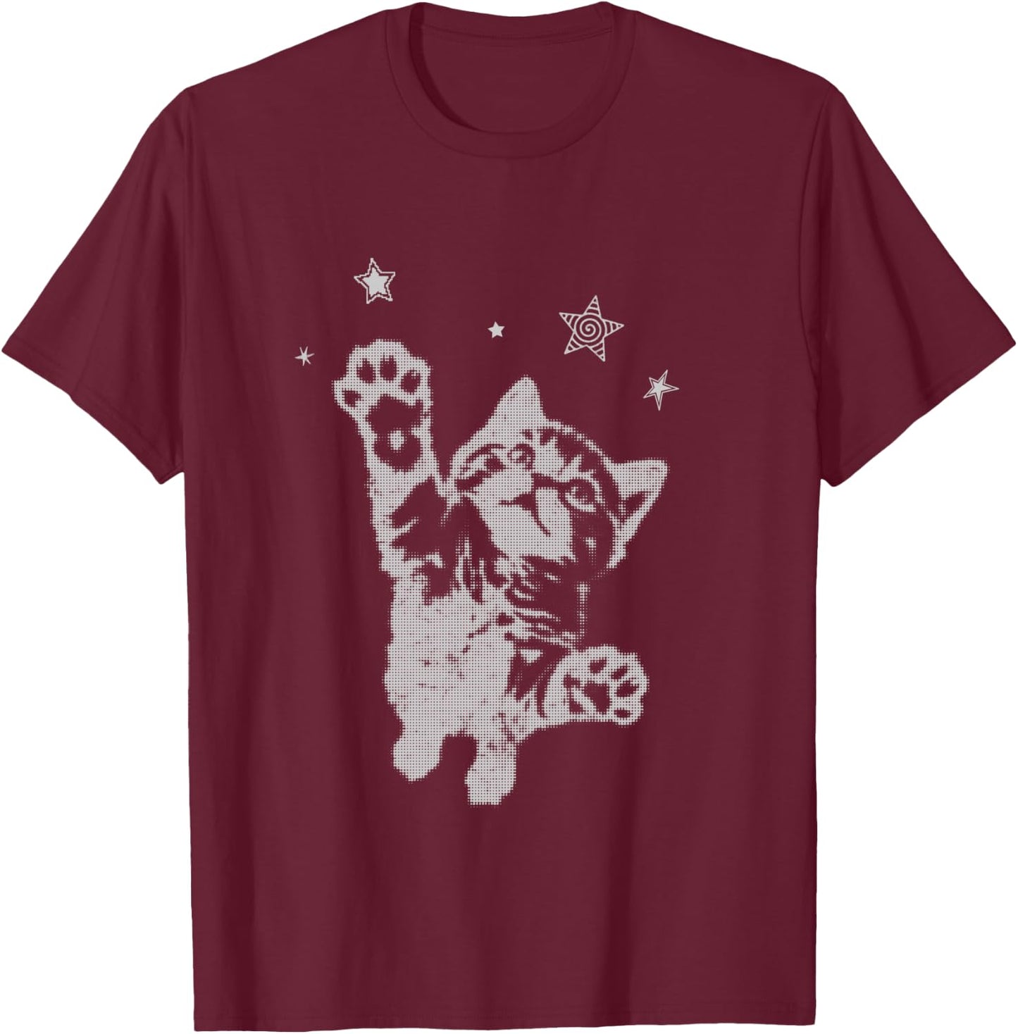 Y2K Cat Jumping Stars Silly 90s 2000s Grunge Vintage Graphic T-Shirt - T-Shirt | Maroon