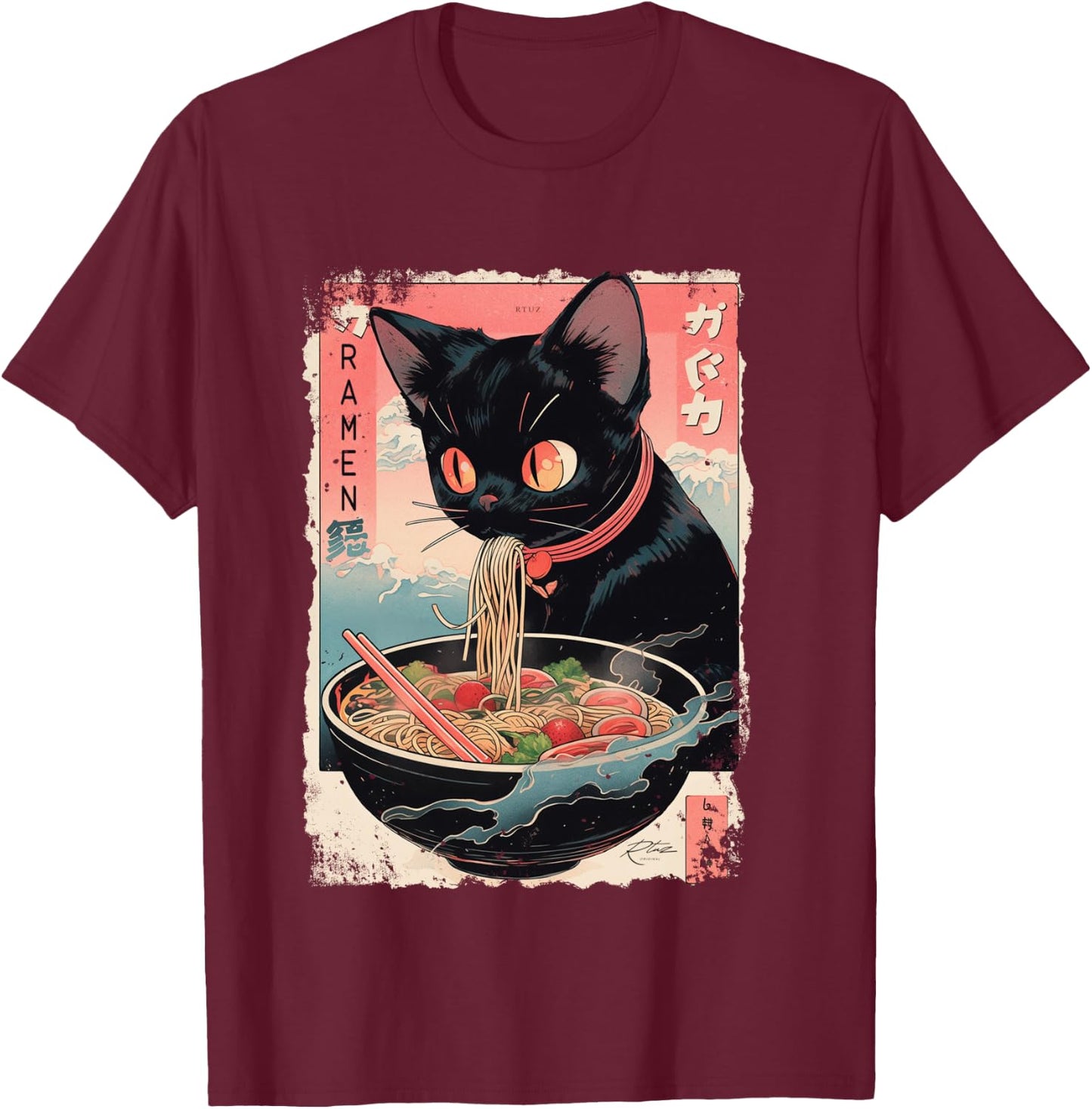 Cat Ramen Noodle Japanese Anime Manga Ramen Kawaii Cat Shirt, black T-Shirt - T-Shirt | Maroon