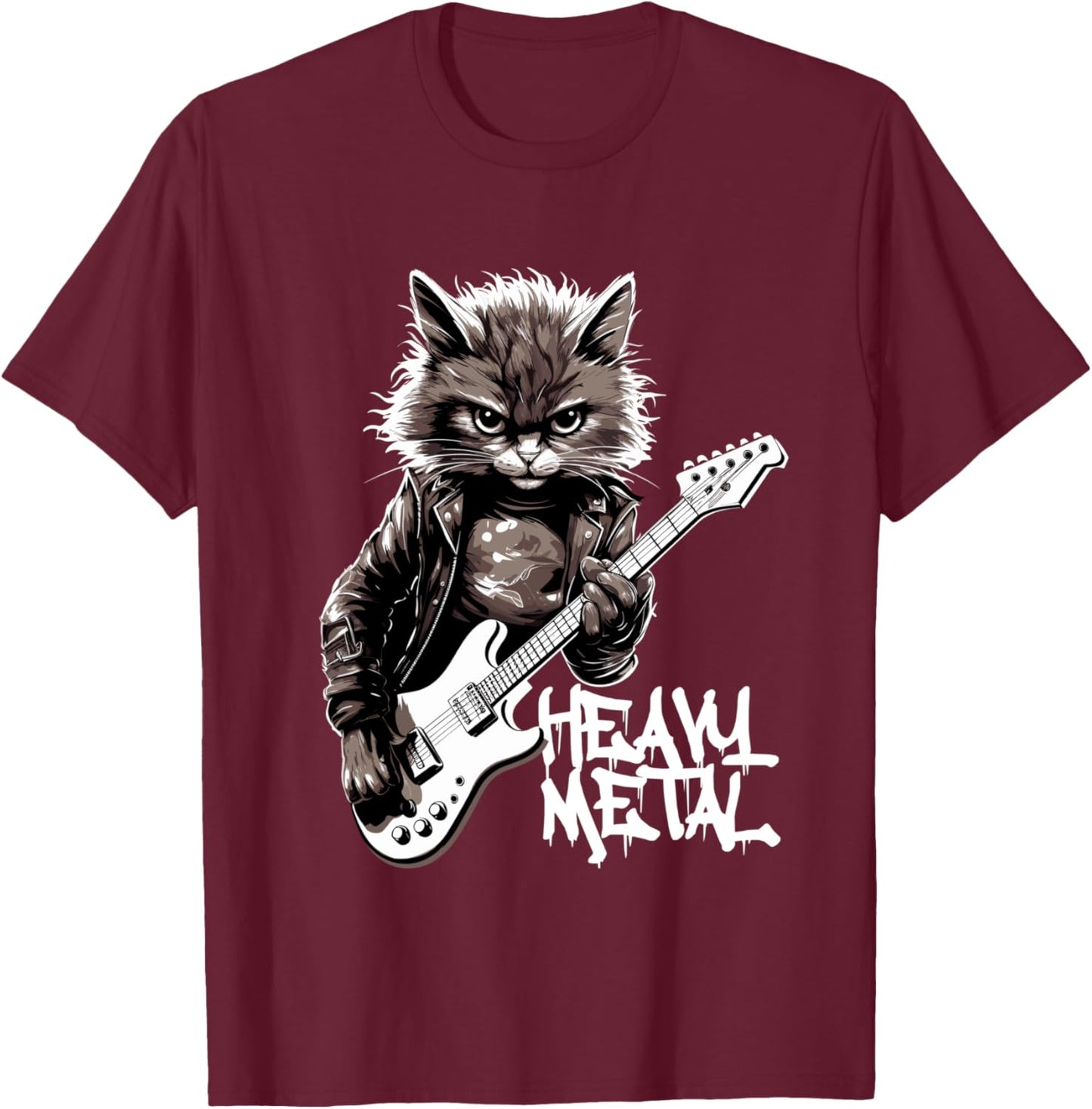 Cat Playing Guitar Heavy Metal Rock Cat Funny Guitarist Long Handle T-Shirt - T-Shirt | Maroon