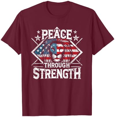 CharlIan Minds - USA Flag Peace Through Strength Lion Patriot -Adults Black Short Sleeve Modern Novelty Graphic T-Shirt - T-Shirt | Maroon