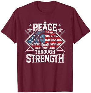 CharlIan Minds - USA Flag Peace Through Strength Lion Patriot -Adults Black Short Sleeve Modern Novelty Graphic T-Shirt - T-Shirt | Maroon