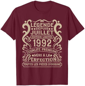 Juillet 1992-34 Ans Anniversaire Cadeau Vintage 1992 T-Shirt - T-Shirt | Maroon
