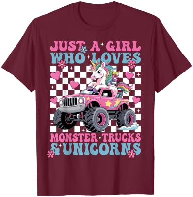 Just a Girl Who Loves Monster Trucks and Unicorns Girls T-Shirt - T-Shirt | Maroon