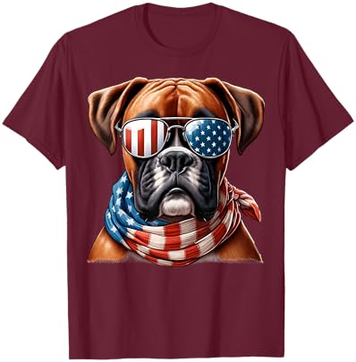 Boxer Dog USA Flag Sunglasses Patriotic Dog 4th of July T-Shirt - T-Shirt | Maroon