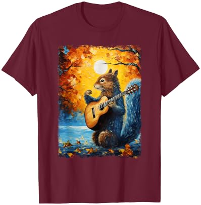 Van Gogh Starry Night Squirrel Playing Guitar Squirrel Lover T-Shirt - T-Shirt | Maroon