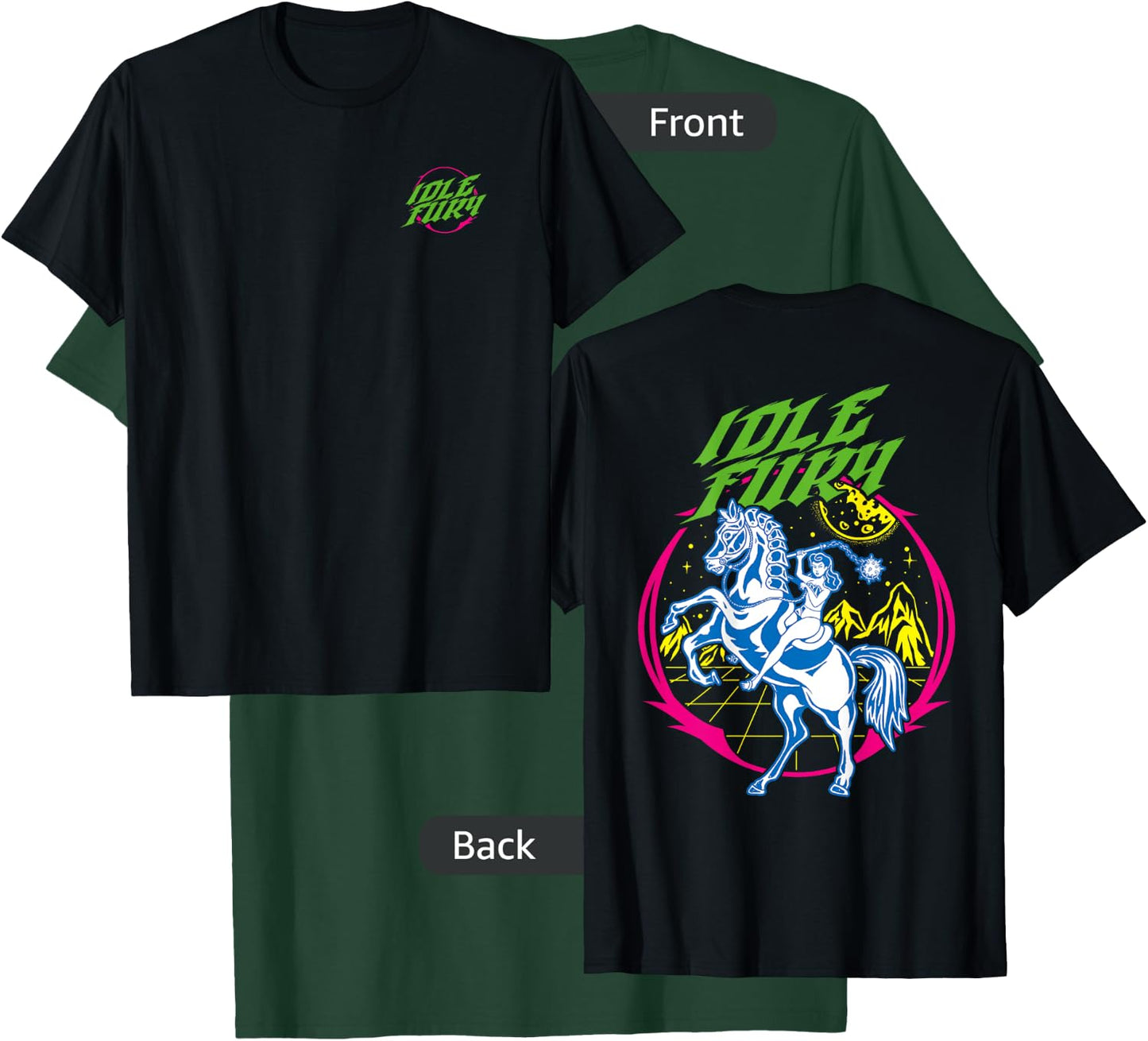 VIEW BACK PRINT Idle Fury Cyber Warrior Woman Battle Horse T-Shirt - T-Shirt | Forest