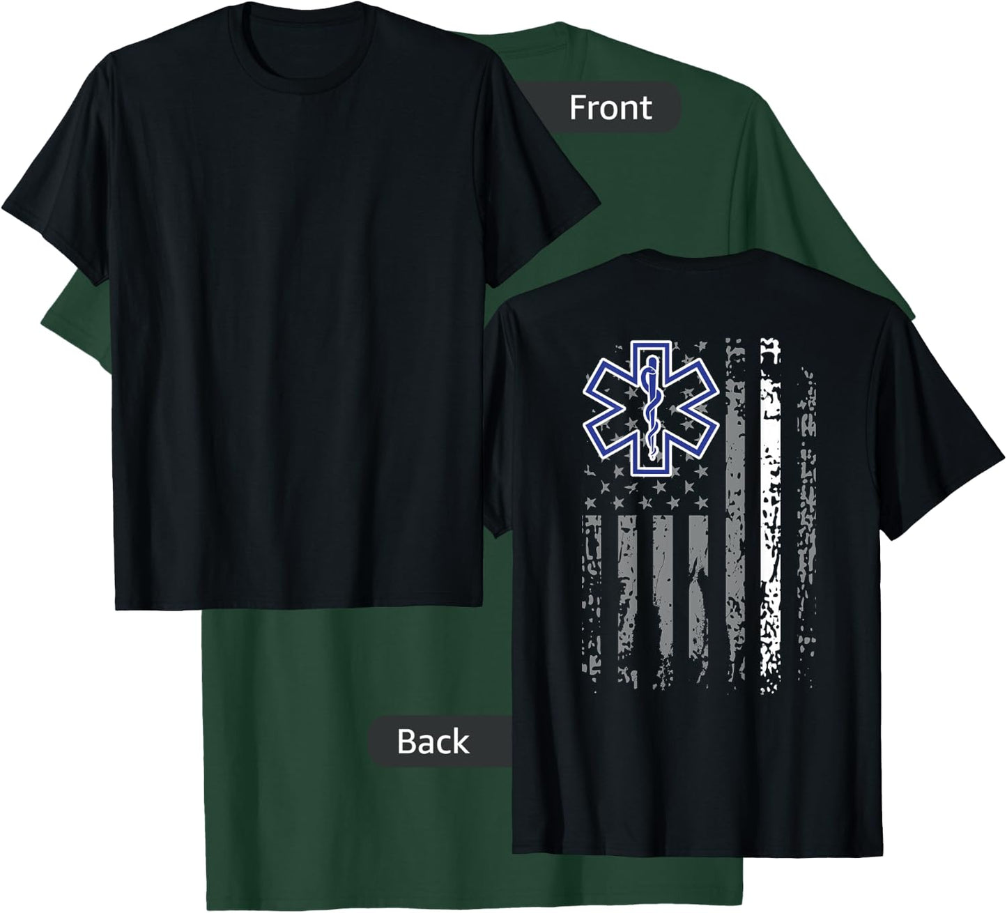 Thin White Line EMS EMT Paramedic American Flag Back Print T-Shirt - T-Shirt | Forest