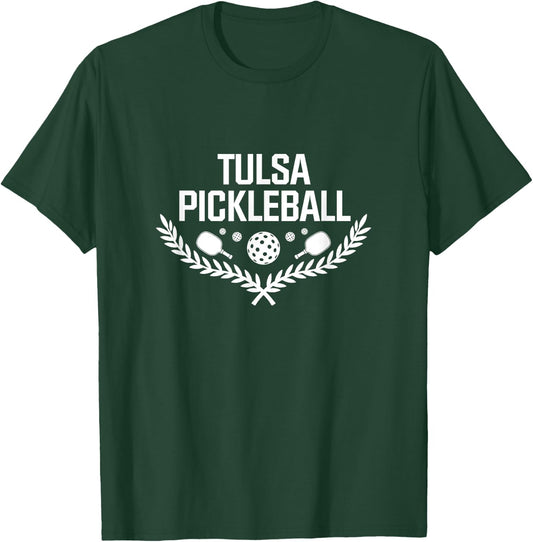 Tulsa Oklahoma Pickleball - Paddle & Ball Laurel Design T-Shirt - T-Shirt | Forest