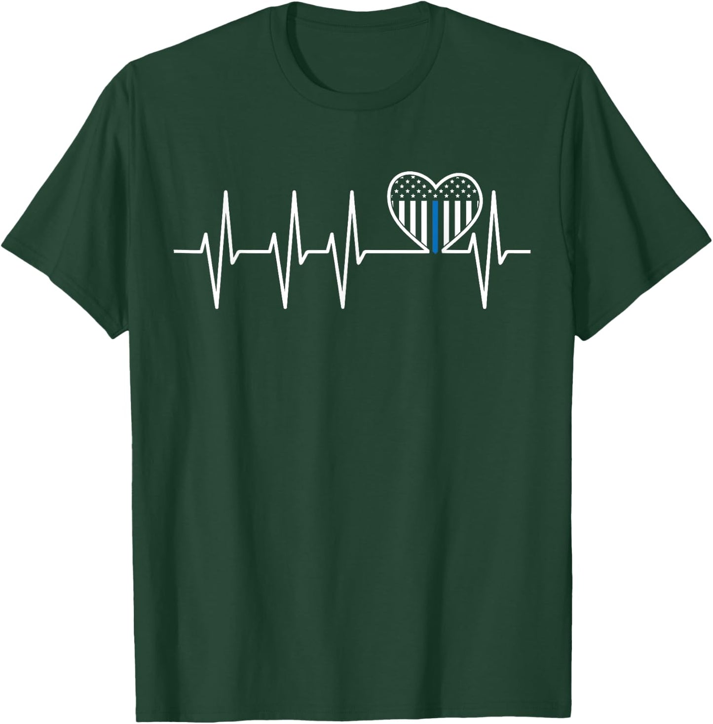 Thin Blue Line Heartbeat Heart Flag Pro Police Officer Pride T-Shirt - T-Shirt | Forest