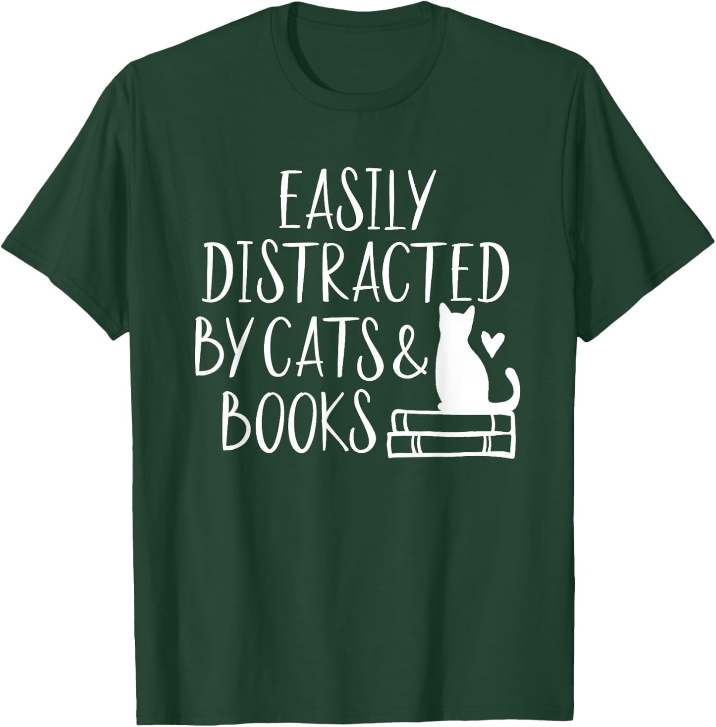 Easily Distracted by Cats and Books - Cute Book Lover Small T-Shirt - T-Shirt | Forest