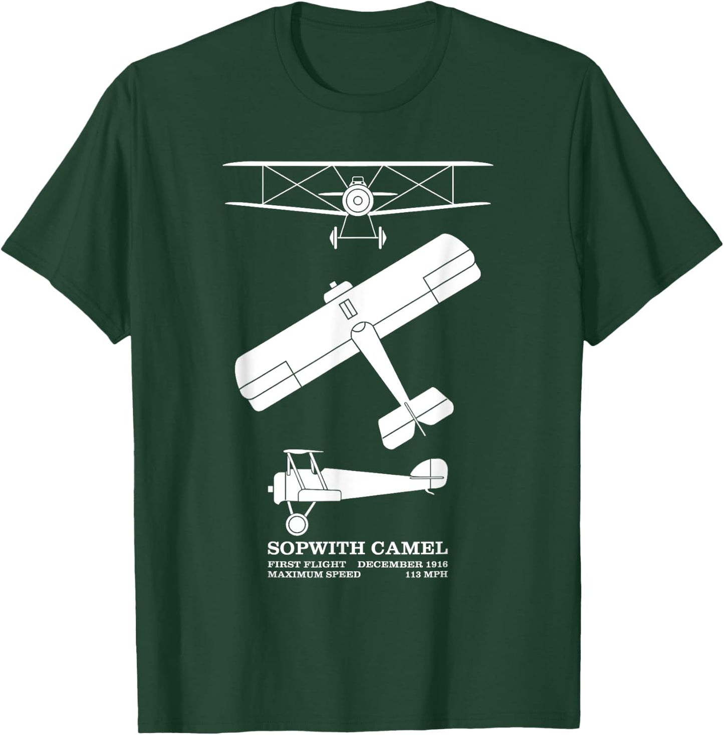 Sopwith Camel British WW1 Biplane Silhouette Diagrams T-Shirt - T-Shirt | Forest