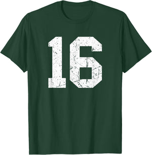 Vintage Number #16 White Sports Team Varsity Number T-Shirt - T-Shirt | Forest
