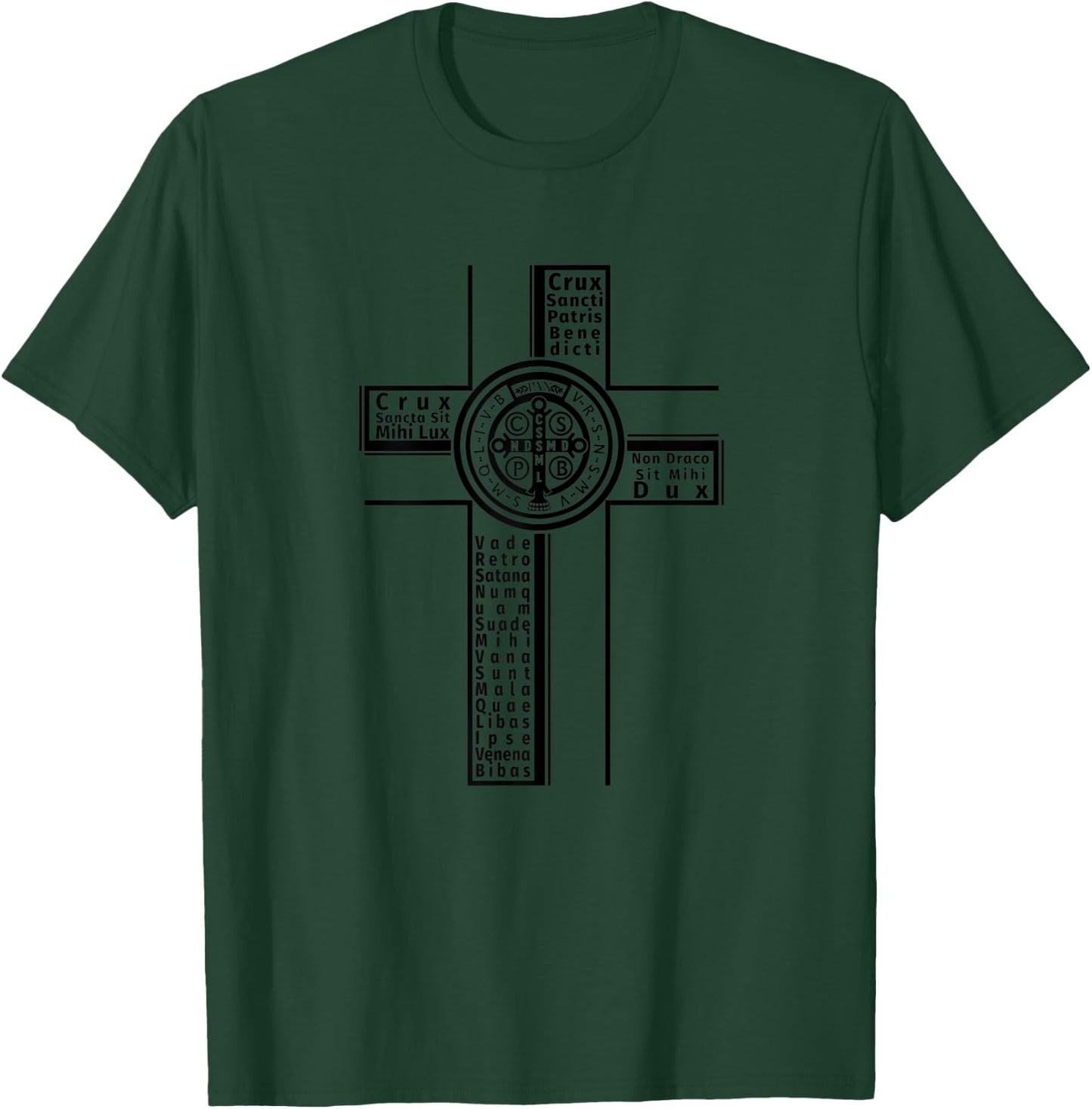 St Benedict Medal Crucifix with Latin Prayer T-Shirt - T-Shirt | Forest