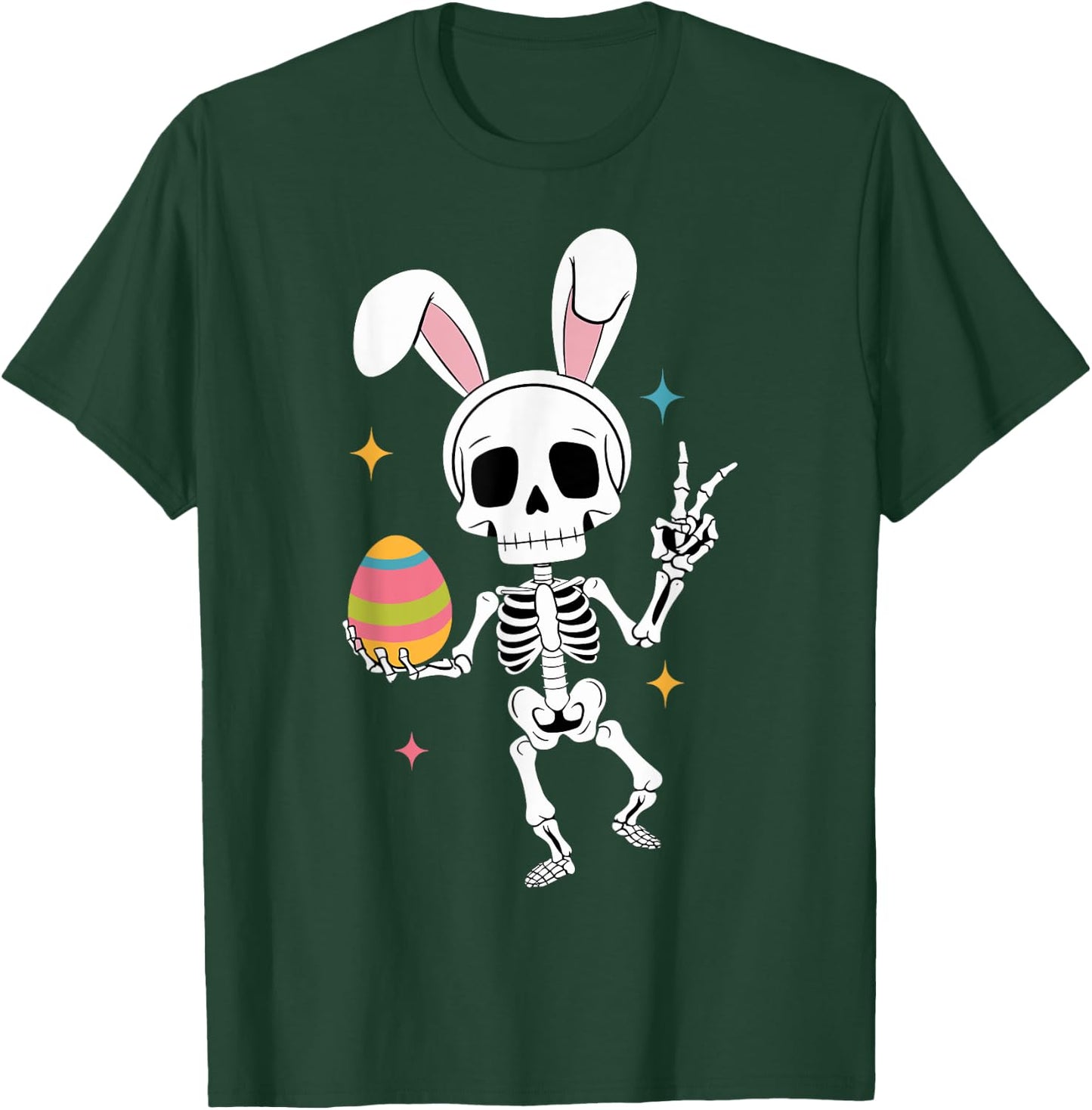 Funny Easter Skeleton Bunny Ears Holding Egg Peace Sign T-Shirt - T-Shirt | Forest