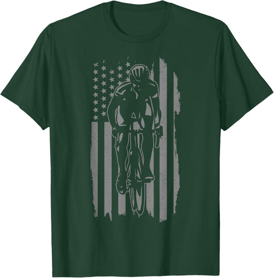Road Bike Patriotic American Flag Bicycle Cycling Cyclist Men T-Shirt - T-Shirt | Forest
