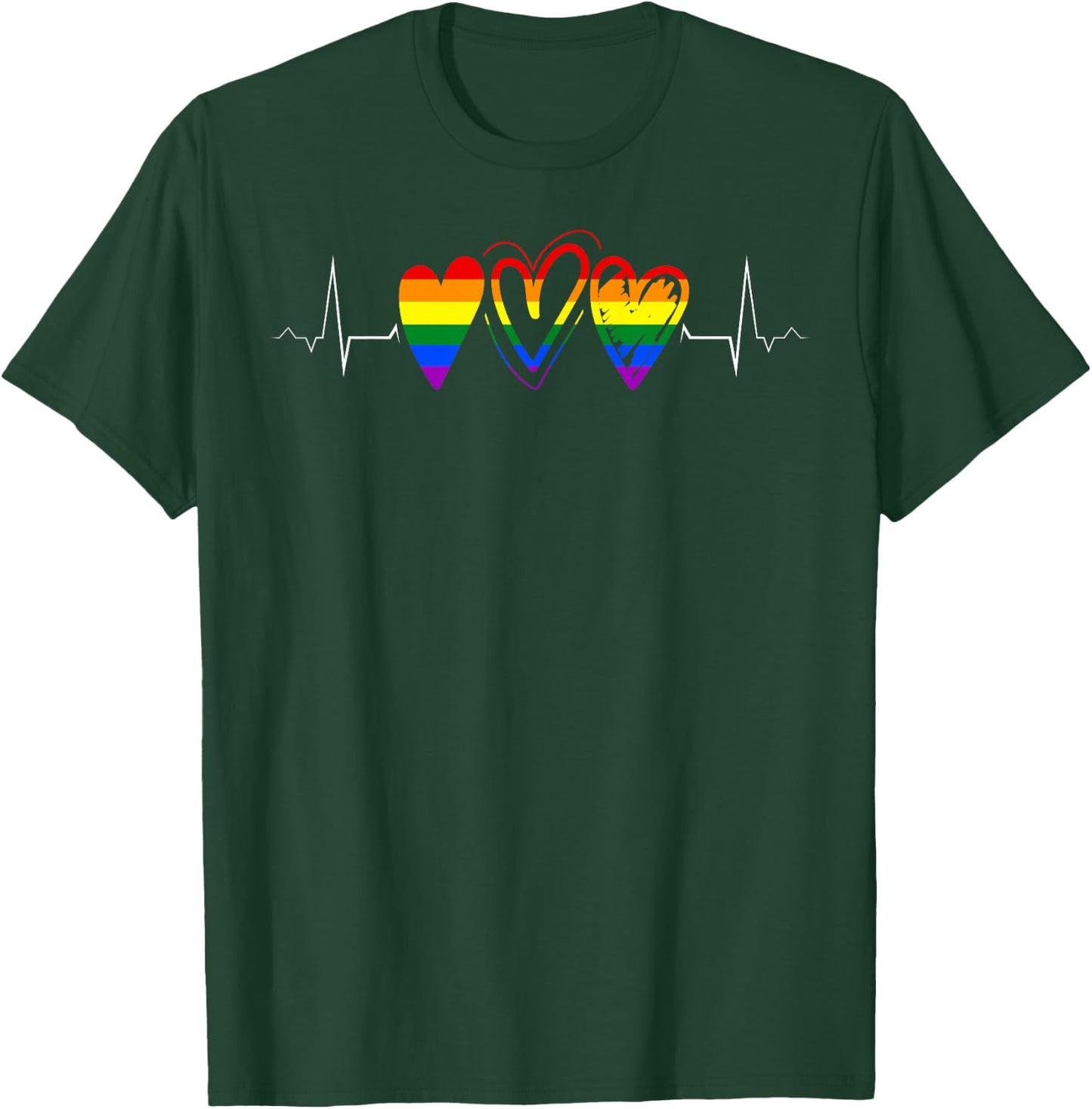 Triple Rainbow Hearts Heartbeat LGBTQ+ Pride T-Shirt - T-Shirt | Forest