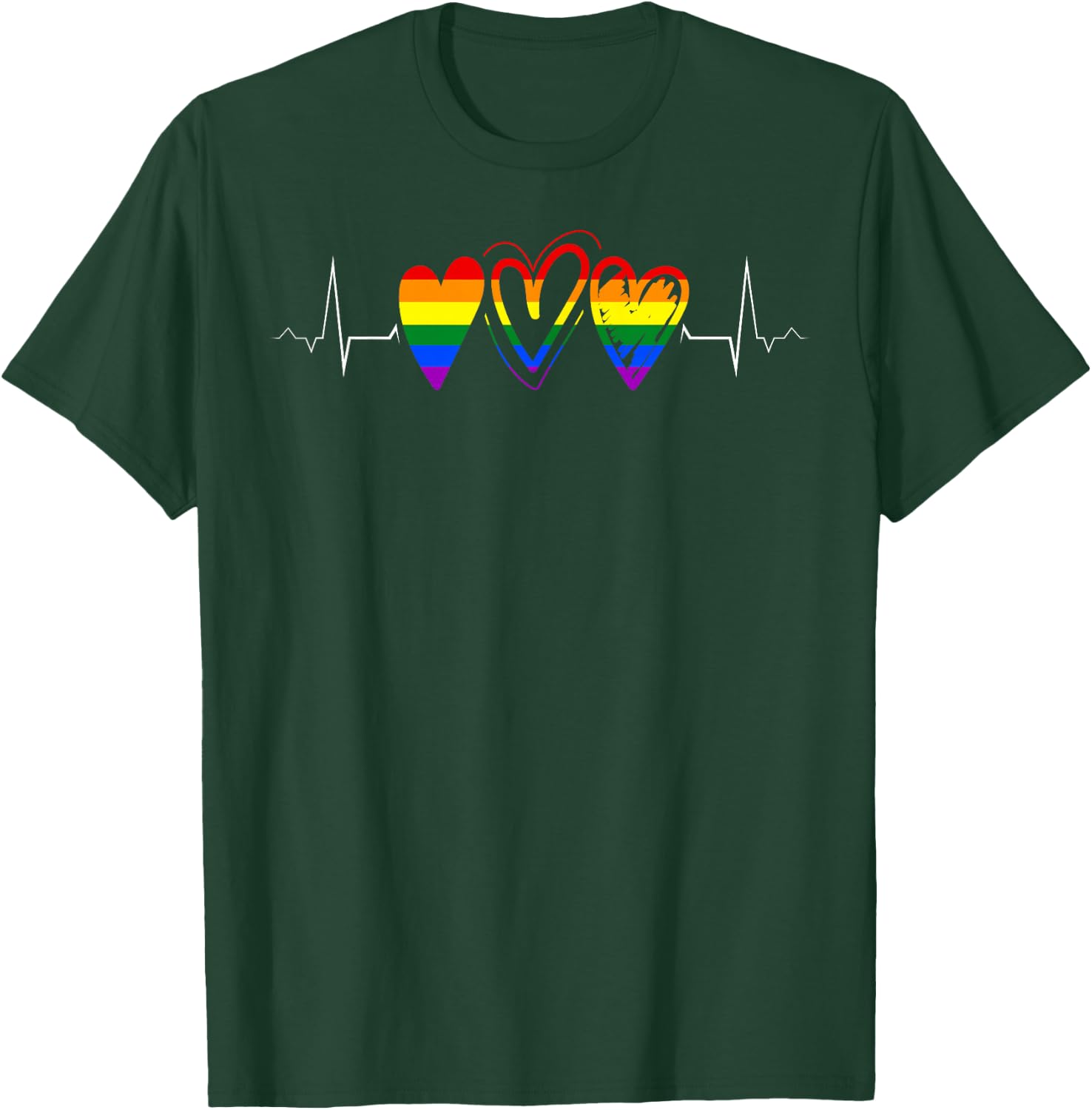 Triple Rainbow Hearts Heartbeat LGBTQ+ Pride T-Shirt - T-Shirt | Forest