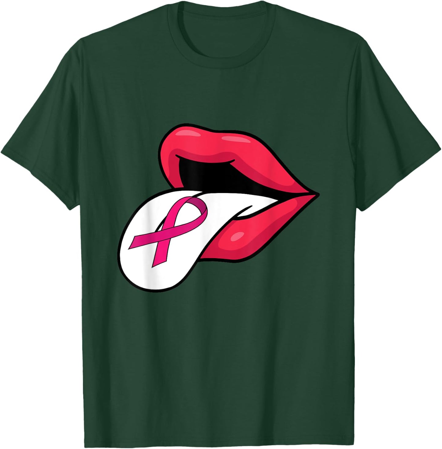 Pink Ribbon Tongue Out Breast Cancer Awareness Funny Lips T-Shirt - T-Shirt | Forest