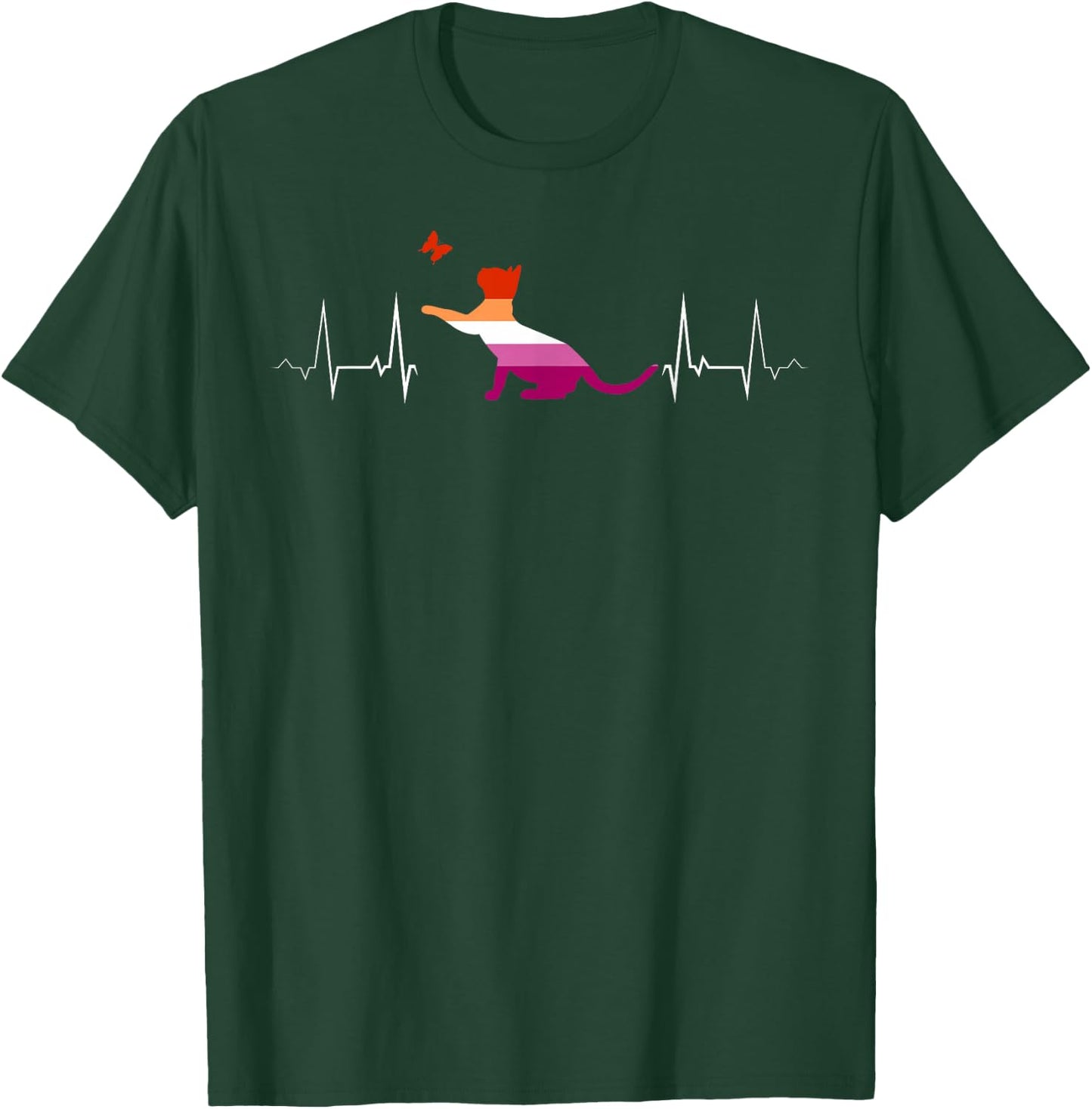 Lesbian Heartbeat Playful Cat Butterfly Pride T-Shirt - T-Shirt | Forest