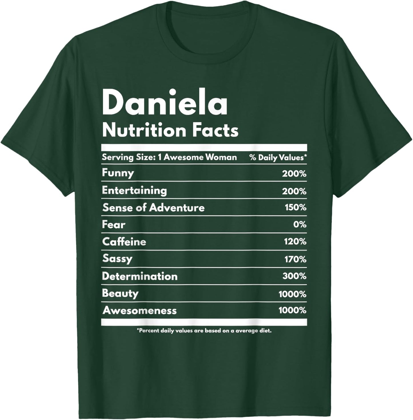 That's My Name Co. Daniela Daniela Nutrition Facts Funny Personalized Name Daniela Black Cotton Polyester Modern Letter Print Short Sleeve Classic Fit Pull On T-Shirt - T-Shirt | Forest