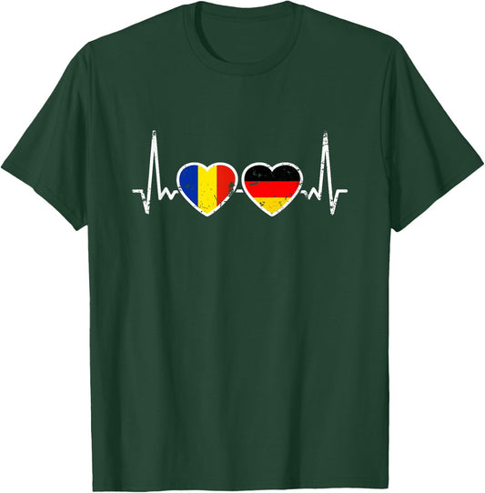 Romania Germany Vintage Heartbeat Flag Romanian , black T-Shirt - T-Shirt | Forest
