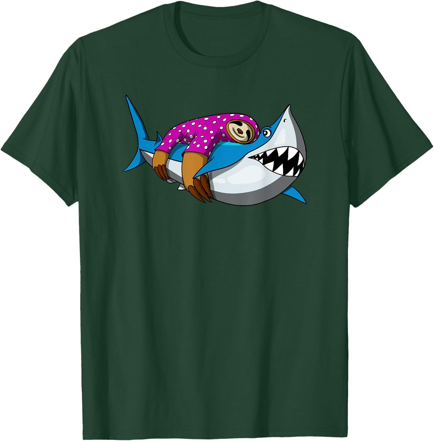 Lazy Sloth With Pajama Riding Ocean Shark T-Shirt - T-Shirt | Forest