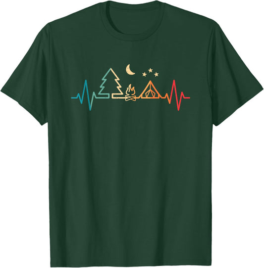 Retro Camping Outdoor Heartbeat Nature Camper Hiking Camping , black T-Shirt - T-Shirt | Forest