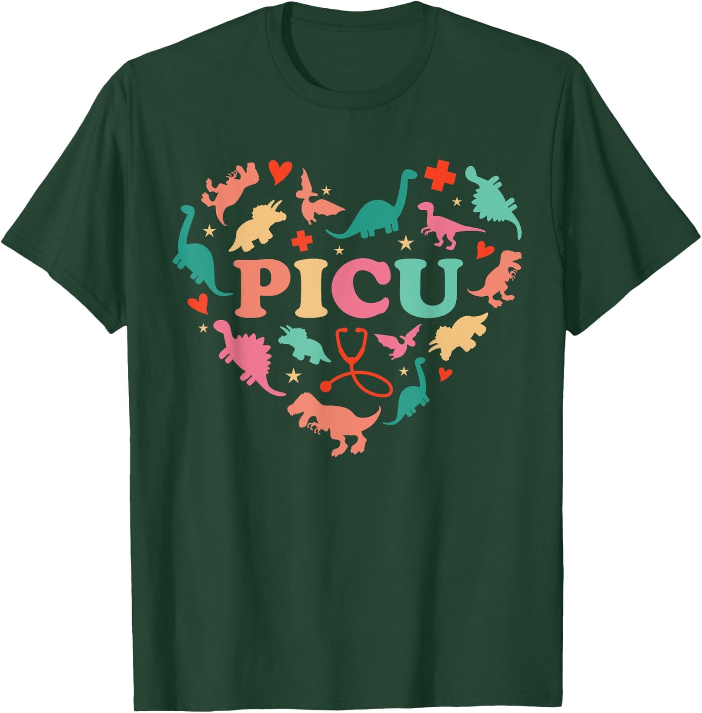 PICU Pediatric Nurse Heart Cute Dinosaur Physical Peds Squad T-Shirt - T-Shirt | Forest