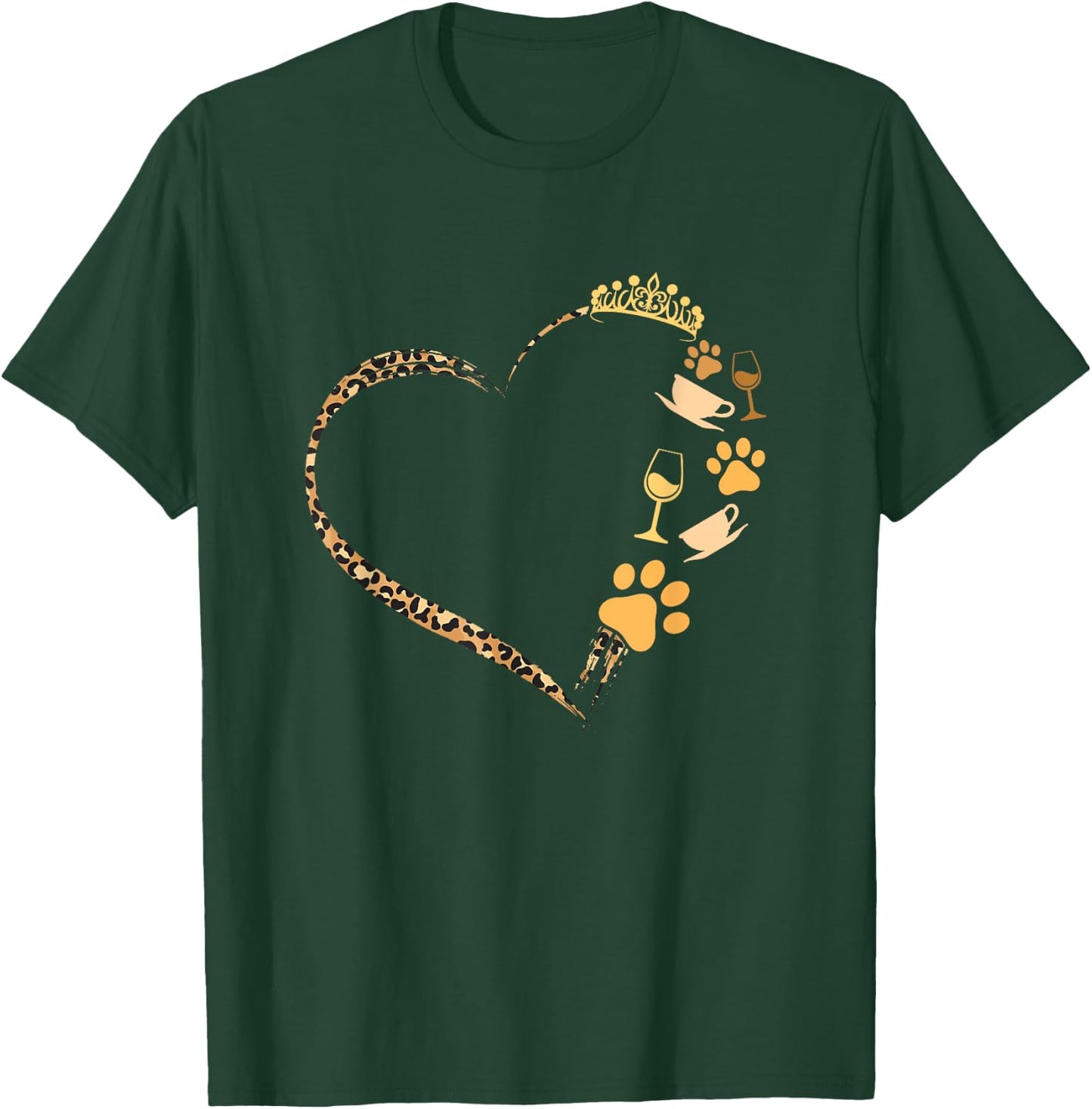 Cute Dogs Paw Crown Wine Coffee Leopard Print Heart T-Shirt - T-Shirt | Forest