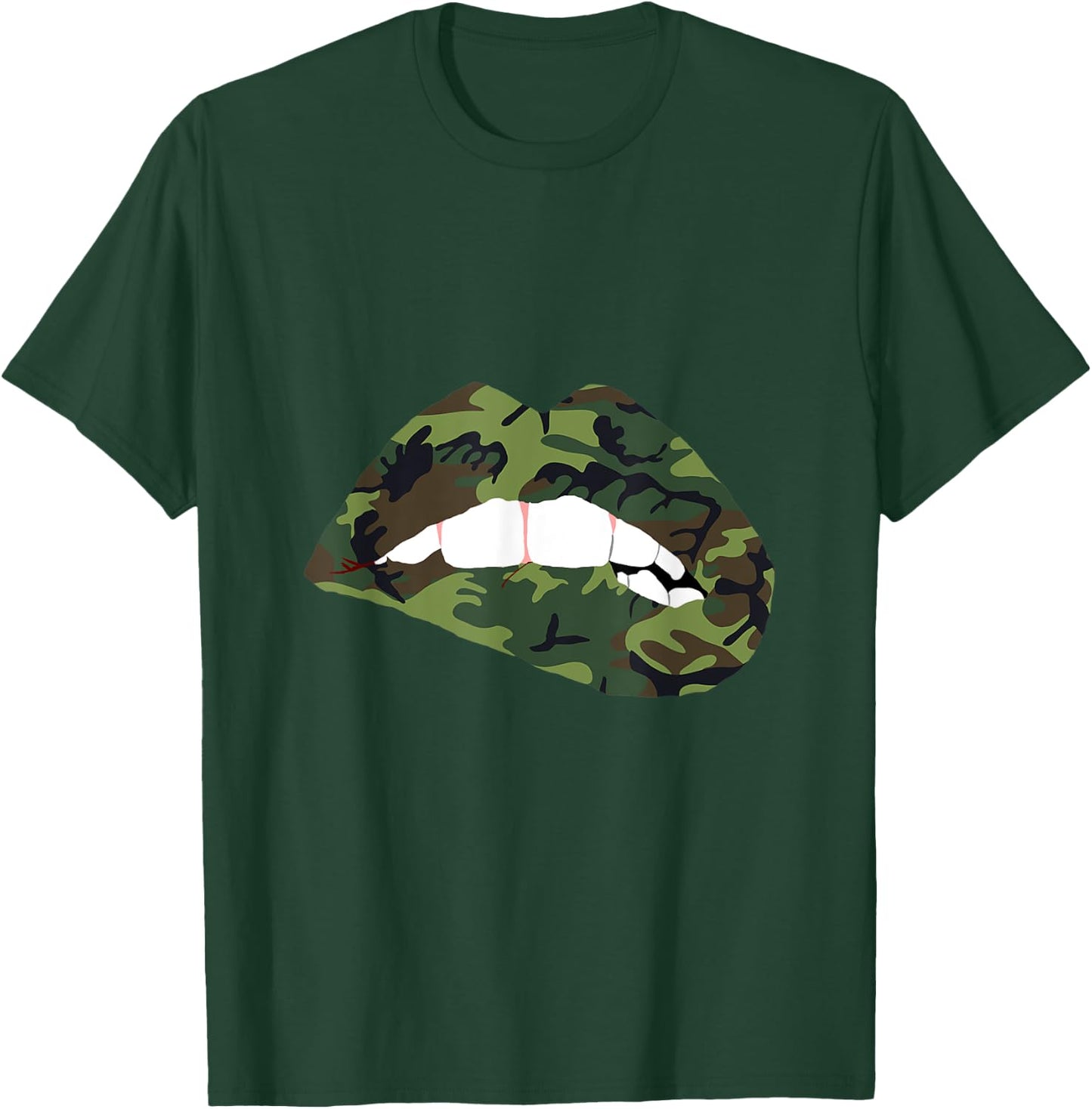 Camouflage Lips Mouth Military Kiss Me Biting Camo Kissing T-Shirt - T-Shirt | Forest