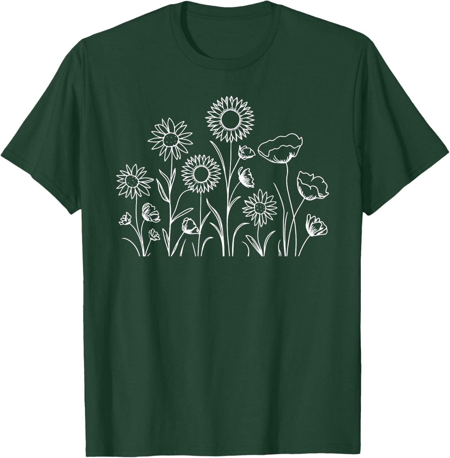 Simple Sunflower Row Line Drawing - White Print T-Shirt - T-Shirt | Forest