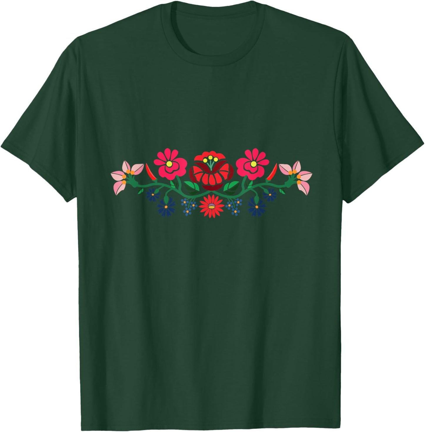 Handcraftline Adult Black Floral Kalocsai Folk Art Embroidery Design T-Shirt - T-Shirt | Forest