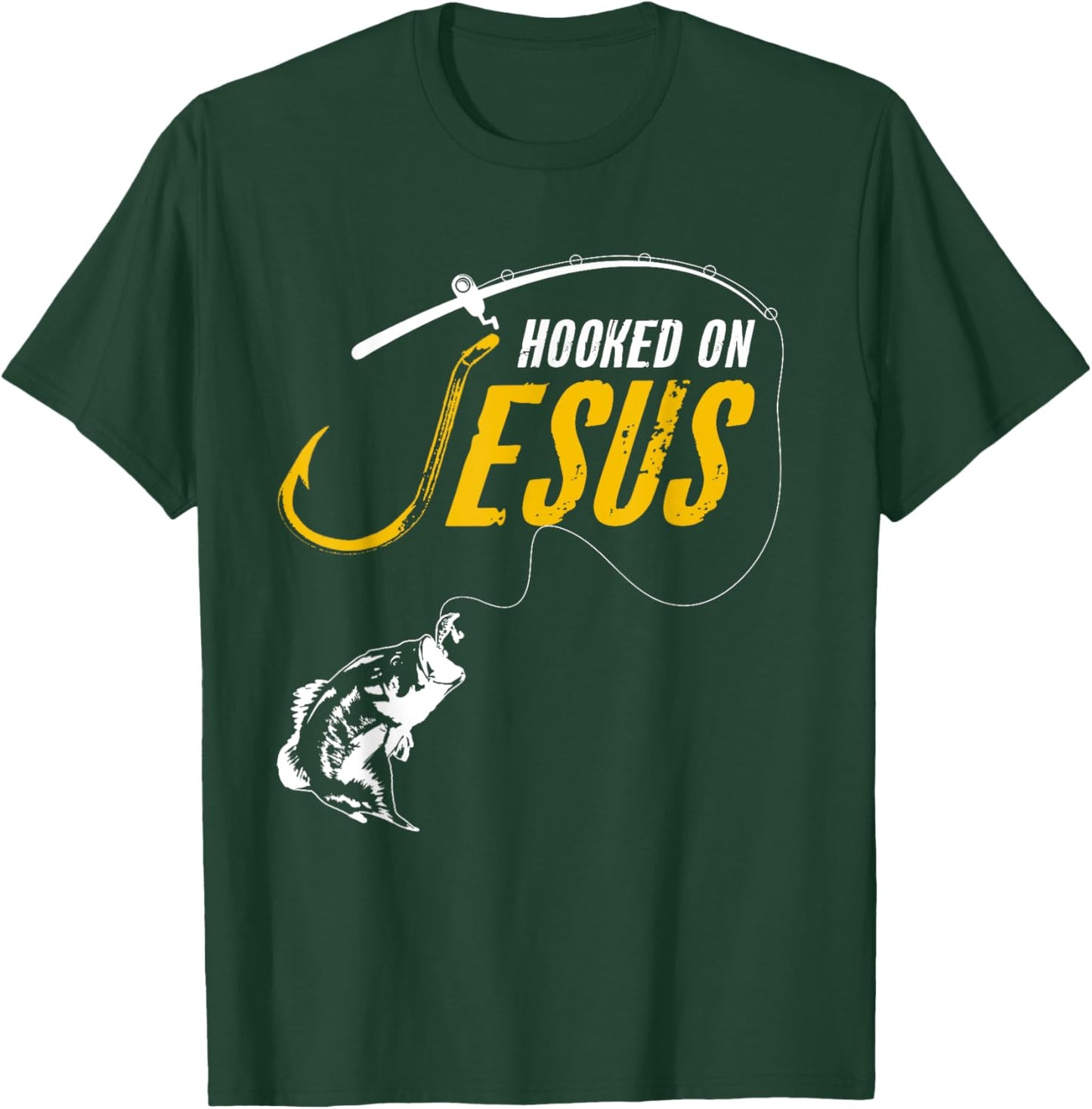 Hooked on Jesus Funny Christian Fishing T-Shirt - T-Shirt | Forest