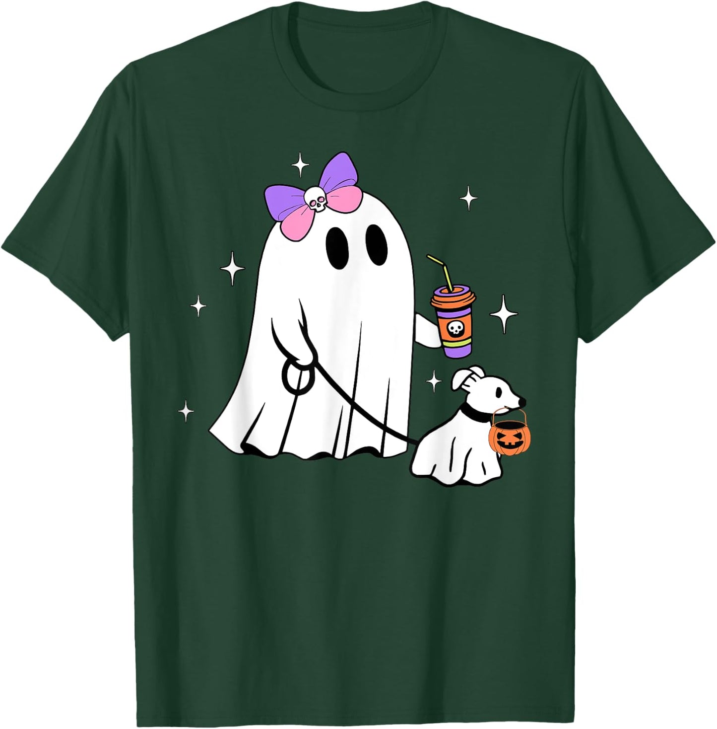 Halloween Cute Ghost Walking Dog Spooky Coquette Ghost Women T-Shirt - T-Shirt | Forest