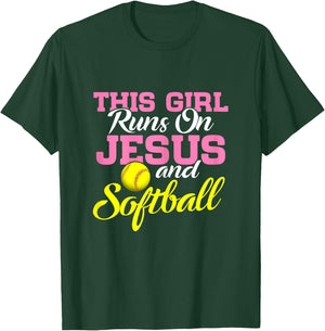 This Girl Runs On Jesus and Softball Women Christian T-Shirt - T-Shirt | Forest