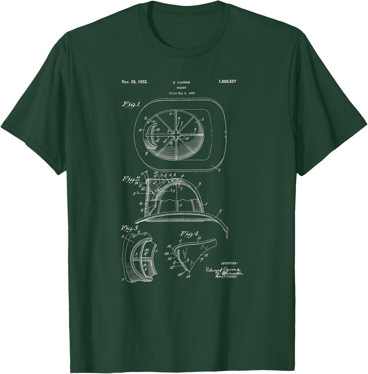 Classic Vintage Patent Print 1932 Firefighter Helmet T-Shirt - T-Shirt | Forest