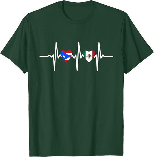 Half Mexican And Puerto Rican Rico Flag Mexirican Heartbeat T-Shirt - T-Shirt | Forest