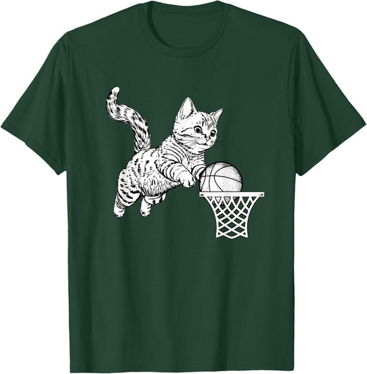 Cat Dunking Basketball Cat Playing Basketball Sports Lovers T-Shirt - T-Shirt | Forest
