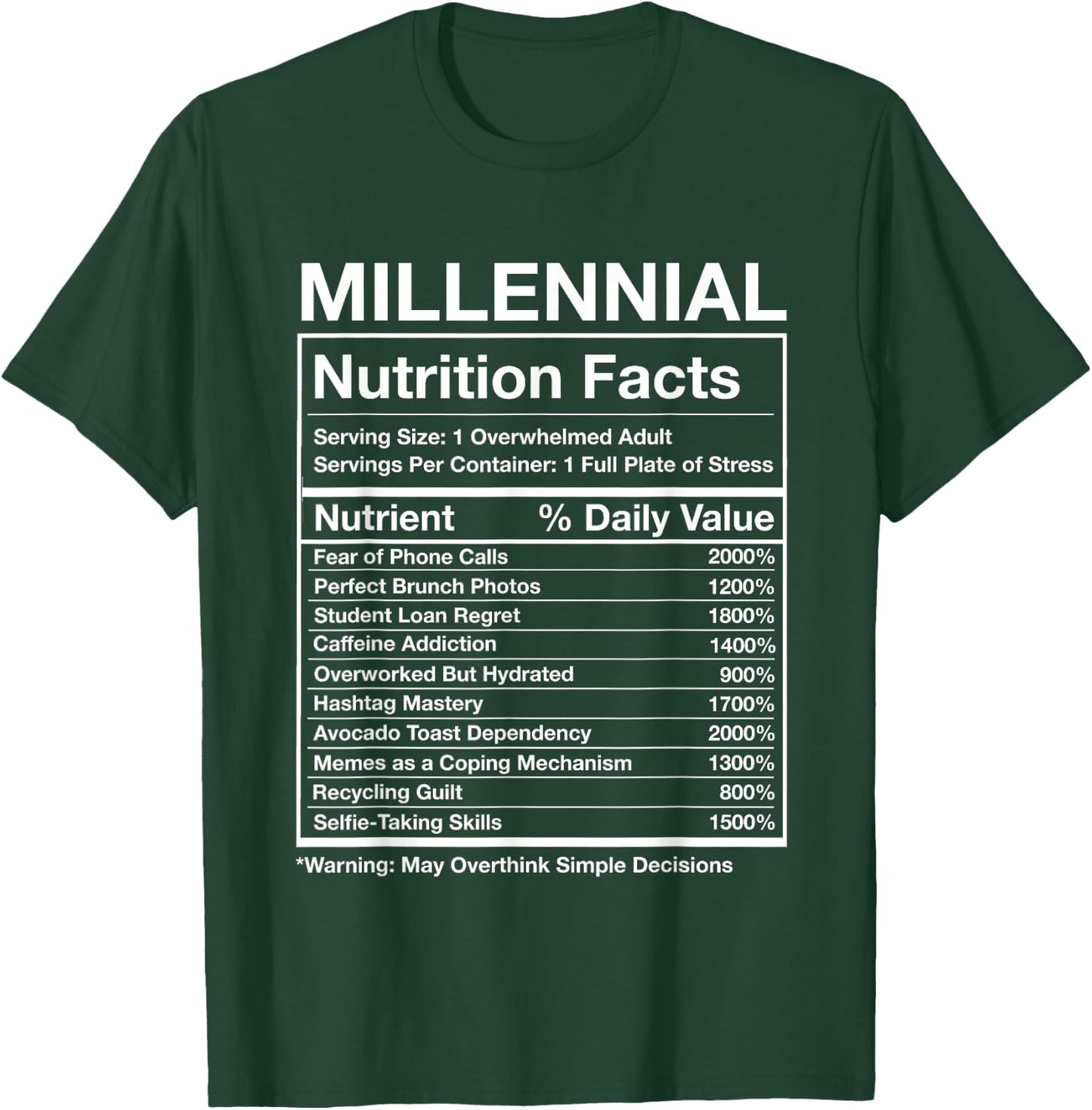 Millennial Nutrition Facts - Funny Generation Meme T-Shirt - T-Shirt | Forest