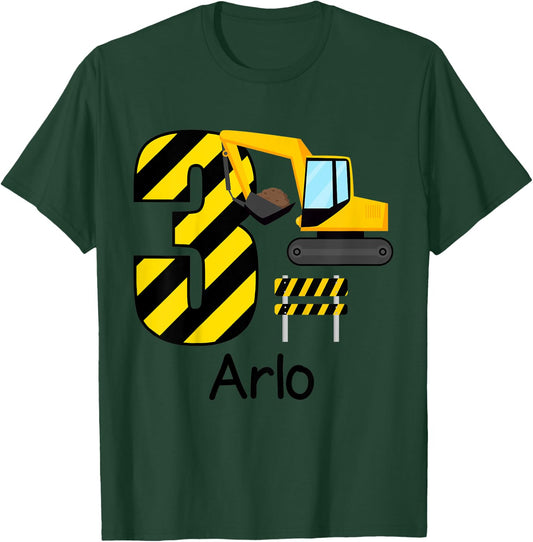 Kids Boys Construction 3rd Birthday Arlo 3 Years Old Party T-Shirt - T-Shirt | Forest
