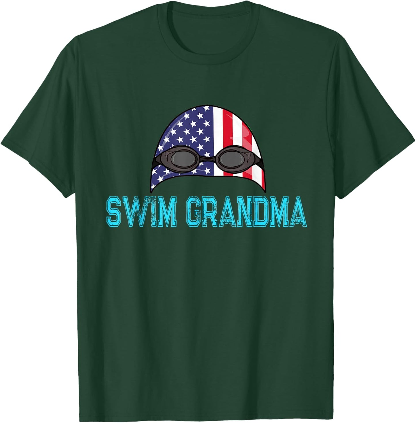 Swimming Swim Cap Love Funny Swimmer Girl Grandma USA Flag T-Shirt - T-Shirt | Forest
