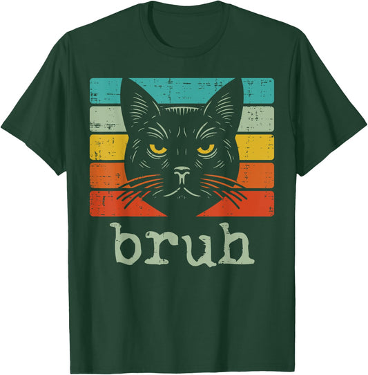 Black Cat Face Bruh Retro Funny Saying Meme Women Men Kids T-Shirt - T-Shirt | Forest