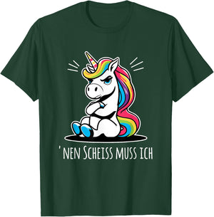 Funny Unicorn with Cheeky Saying 'nen Scheiss muss ich , black T-Shirt - T-Shirt | Forest