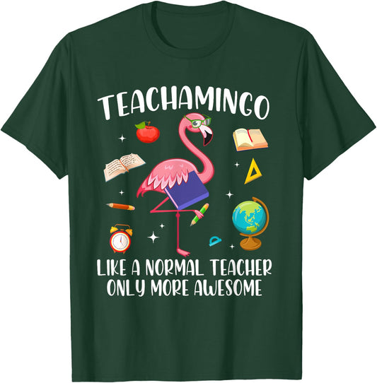 Teacher Pink Flamingo Tropical Flowers Women T-Shirt - T-Shirt | Forest