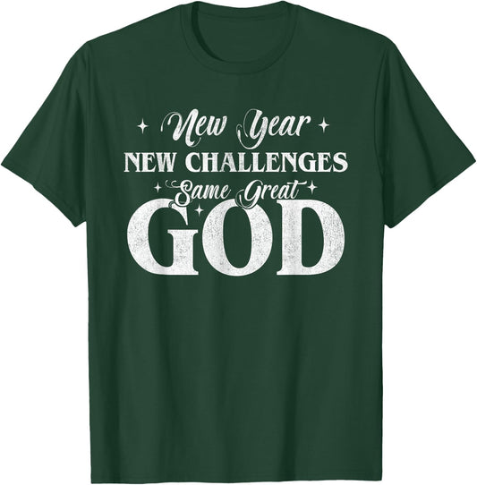 New Year New Challenges Same Great God 2025 Retro Vintage T-Shirt - T-Shirt | Forest
