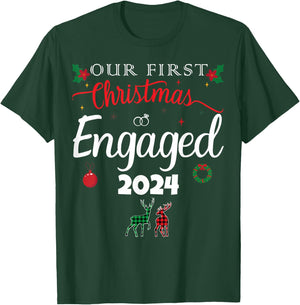 Our First Christmas Engaged 2024 Pajamas Couples Matching T-Shirt - T-Shirt | Forest