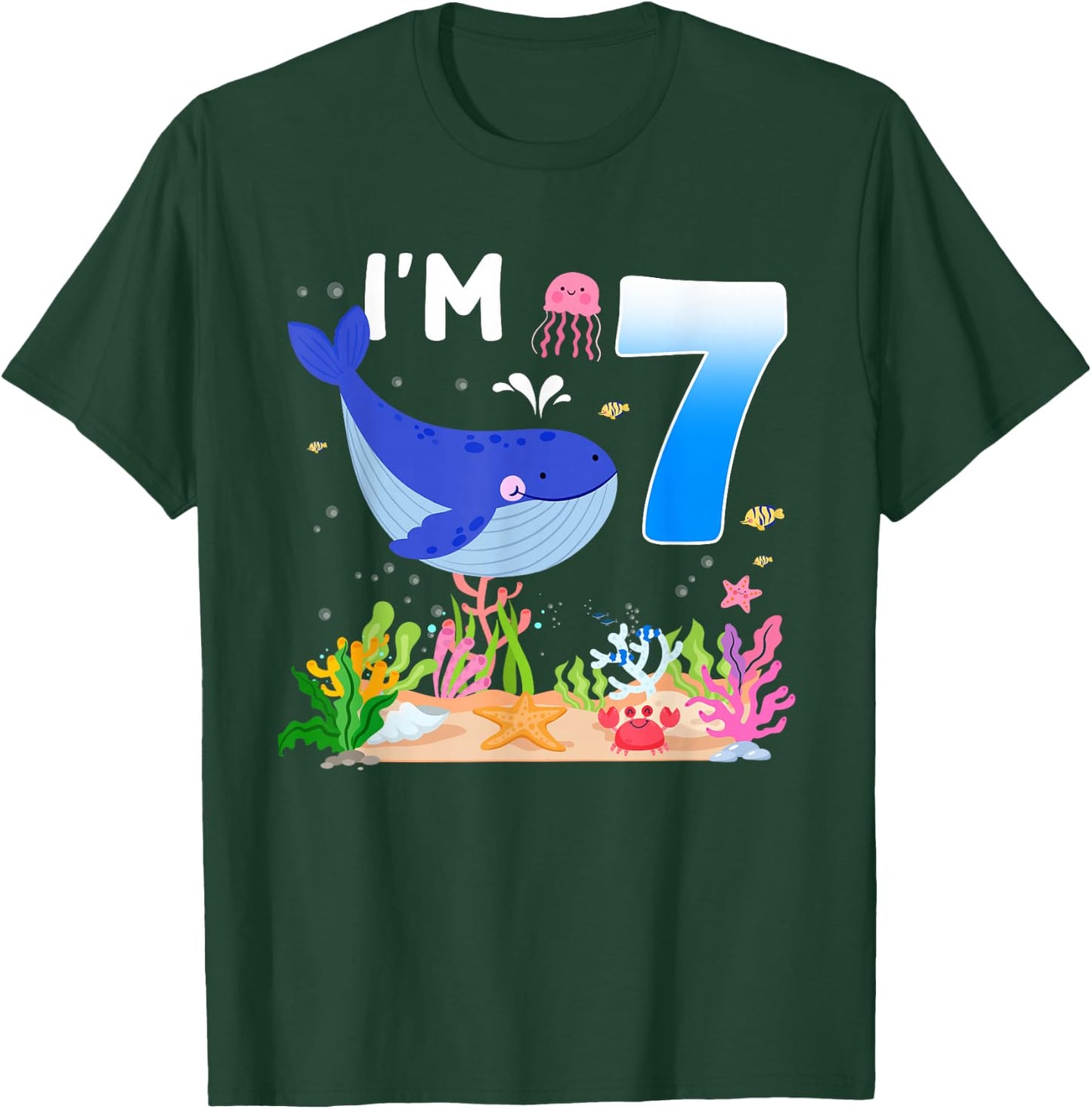 7th Birthday Cute Whale 7 Year Old Boys Girls Birthday T-Shirt - T-Shirt | Forest