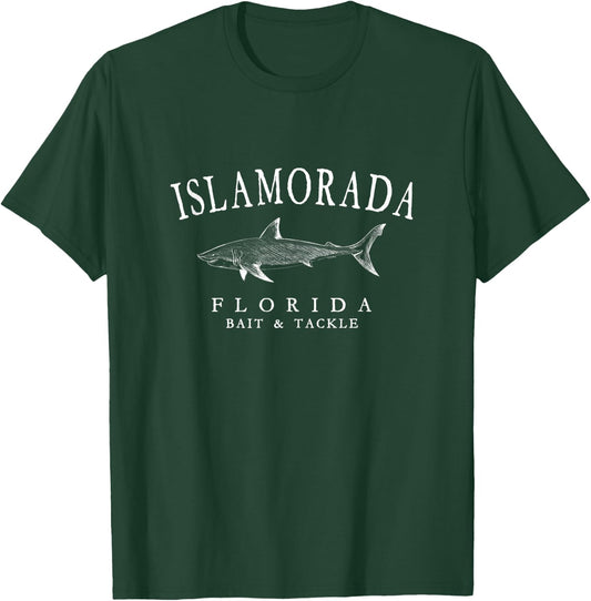 Islamorada Florida Shark Vintage White Outline Fishing T-Shirt - T-Shirt | Forest
